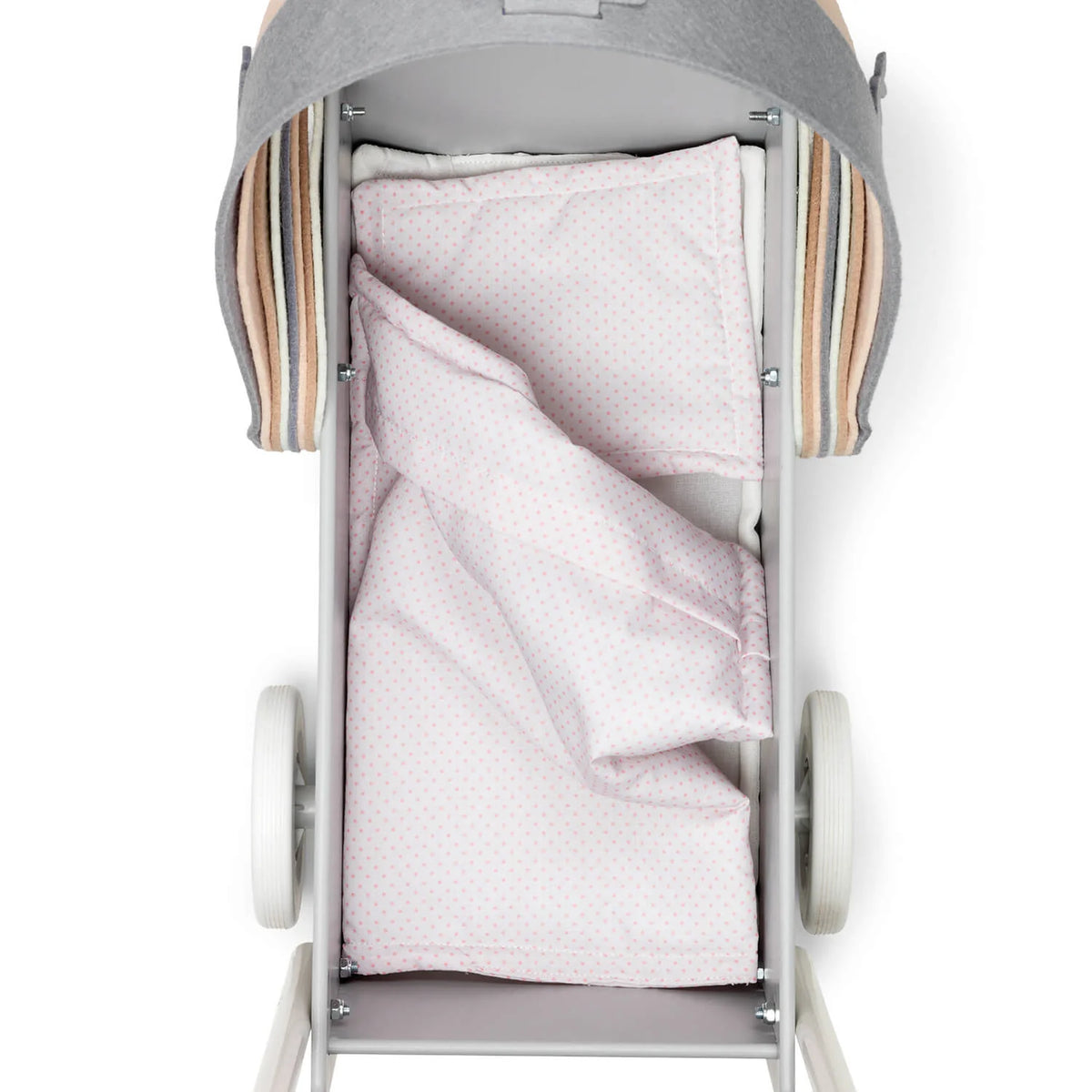 Skrallan - Wooden Pram with Felt Concertina Hood & Bedding Set with Mattress