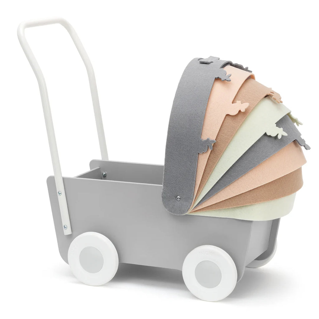 Skrallan - Wooden Pram with Felt Concertina Hood & Bedding Set with Mattress