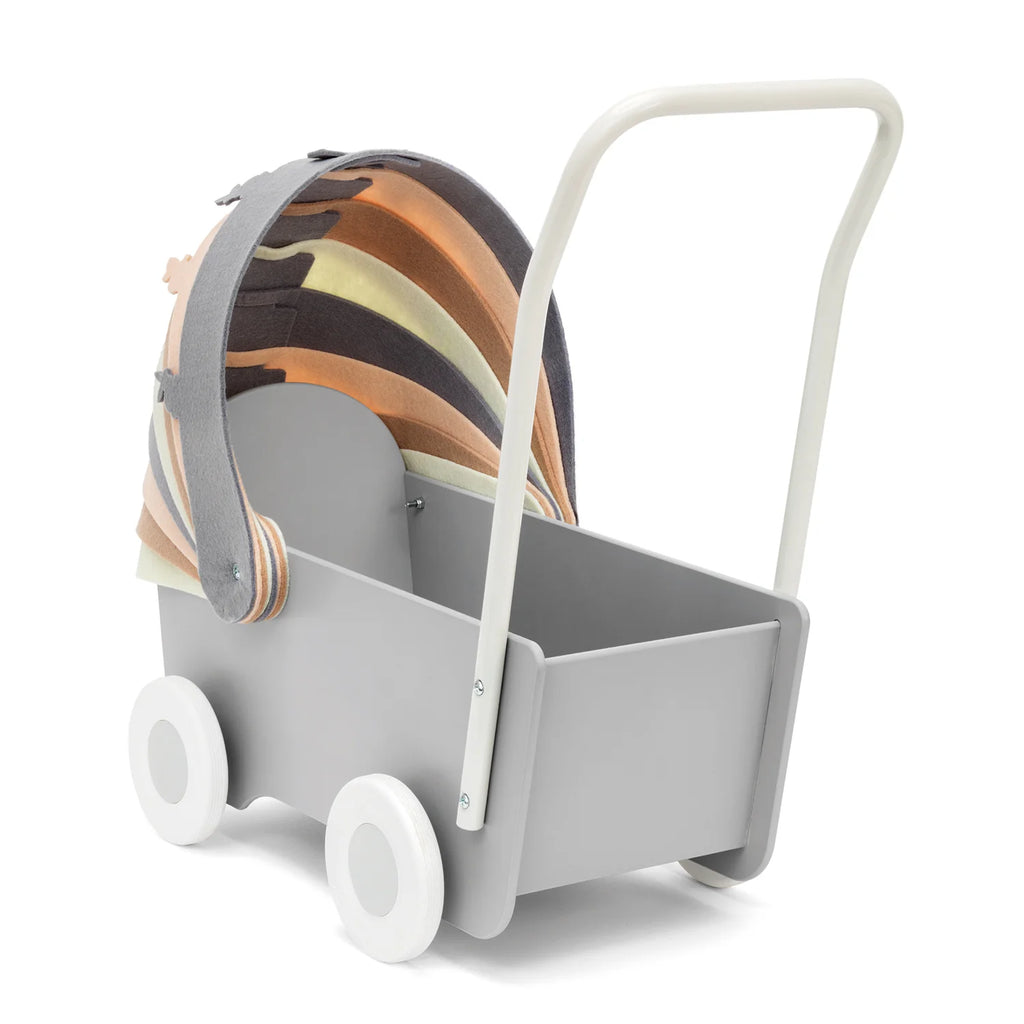 Skrallan - Wooden Pram with Felt Concertina Hood & Bedding Set with Mattress