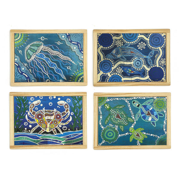 Aboriginal Art Sea Creatures Dreaming Puzzle Set of 4